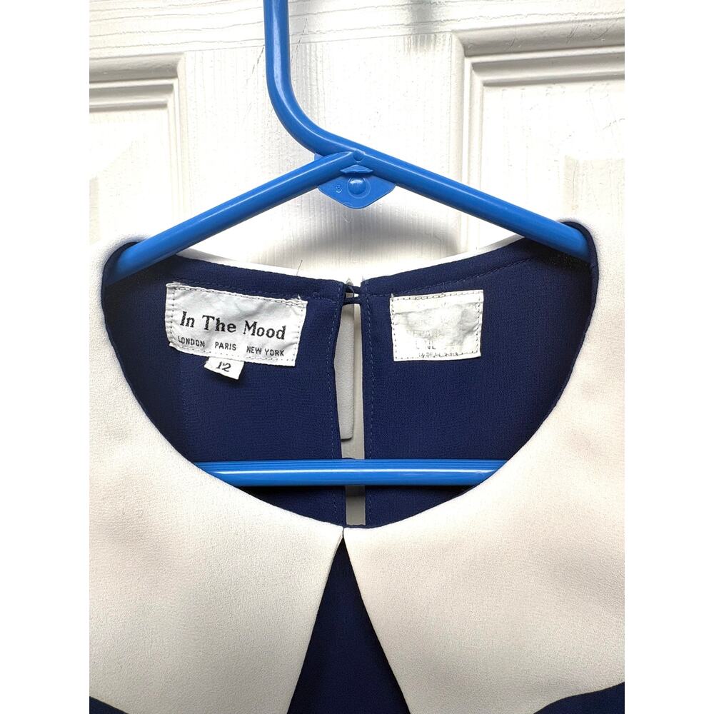 In The Mood Navy Dress White Collar Sheer Sleeves Midi Elastic Waist Size 12 - Picture 3 of 10